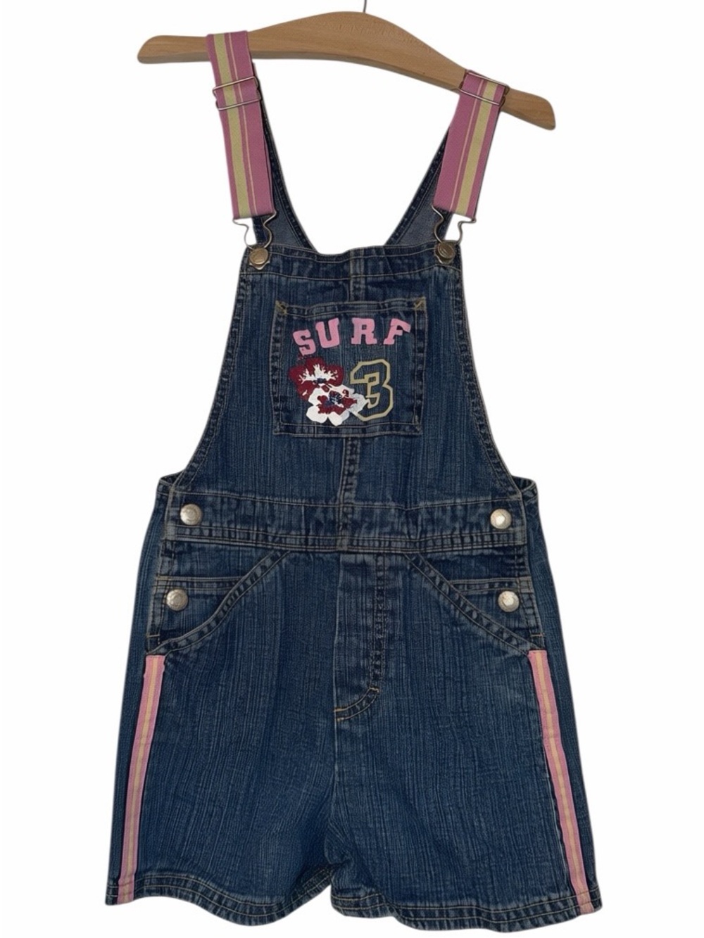 Vintage Y2K gasoline Denim Short Overalls Surf 3 Pink Striped Straps Girls 6x